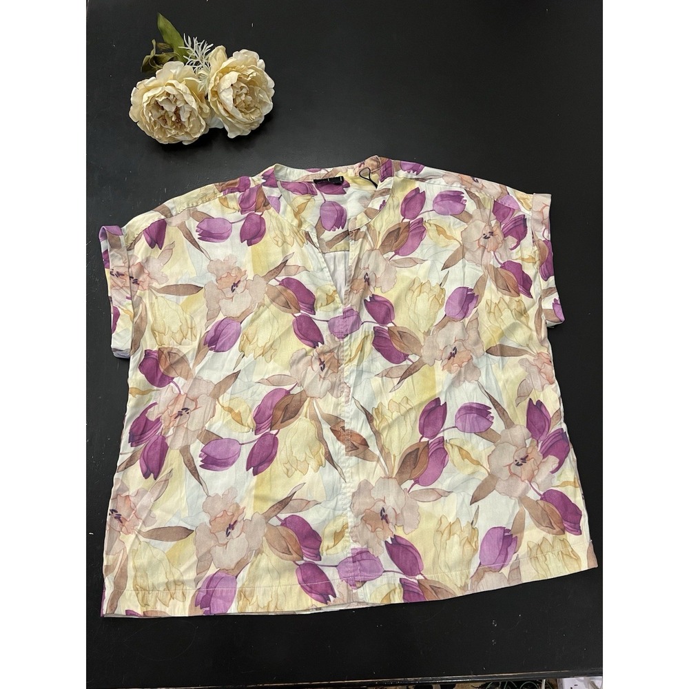 Tahari Woman Purple Tan Cream Floral V Neck Blouse Sz 1X Career Shabby Chic